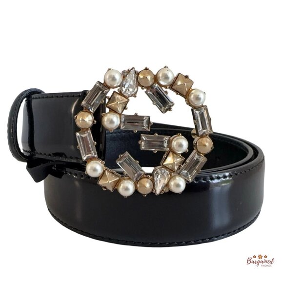 Auth Gucci Black Leather Bijoux Faux Pearl Interlocking G Buckle Belt 75/30 - Picture 1 of 13